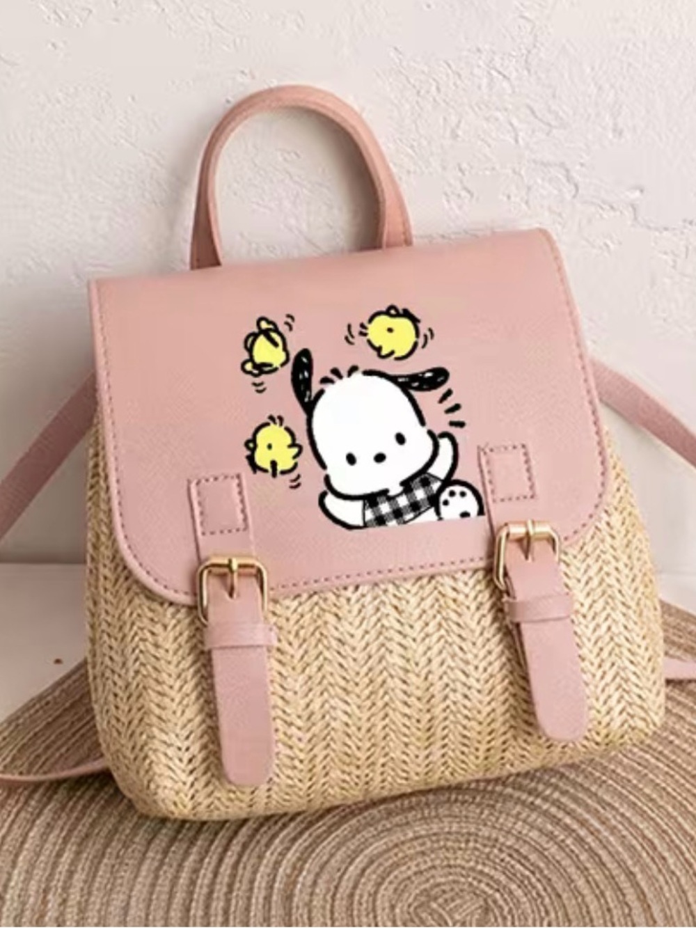 Sanrio Pink and Natural Straw Pochacco Backpack